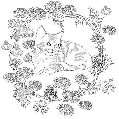 Renklendirme için stres önleyici çizim. Çiçekler ve kedi. Yetişkinler ve çocuklar için boyama kitabı. Duvar kağıdı, hediye kağıdı, desen dolguları, tekstil, tebrik kartları için sevimli bir arkaplan 