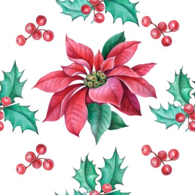 Noel çobanpüskülü, Poinsettia çiçeği, duvar kağıdı için köknar dalları, hediye kağıdı, desenler, tekstil, tebrik kartları.