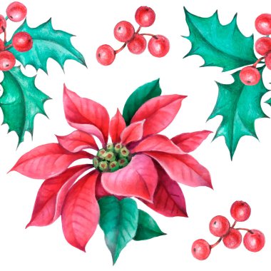 Noel çobanpüskülü, Poinsettia çiçeği, duvar kağıdı için köknar dalları, hediye kağıdı, desenler, tekstil, tebrik kartları.