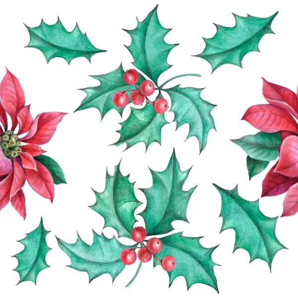 Noel çobanpüskülü, Poinsettia çiçeği, duvar kağıdı için köknar dalları, hediye kağıdı, desenler, tekstil, tebrik kartları.