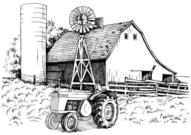 Kırsal manzaranın manzarası. Kalem çizimi vektör çizimine çevrildi