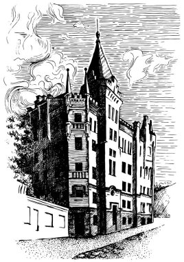 Ev portresi çizimi. Richard 'ın Kalesi - Aslan Kalbi (Kiev). Kalem çizimi vektörlere çevrildi.