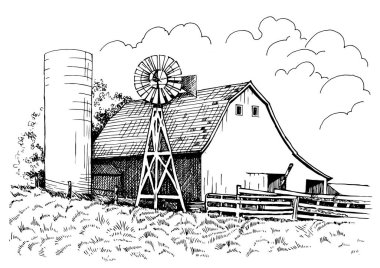 Kırsal manzaranın manzarası. Kalem çizimi vektör çizimine çevrildi