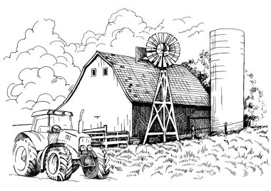 Kırsal manzaranın manzarası. Kalem çizimi vektör çizimine çevrildi