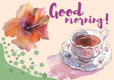 Günaydın tebrik kartı, çiçekler ve bir fincan kahve. Suluboya tarzında vektör illüstrasyonu. Kart, kapak arkaplan veya web iletisi olarak kullanılabilir.