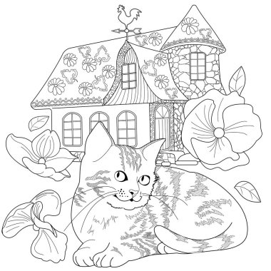 Sanat terapisi boyama sayfası. Şirin bir köy evi ve kediyle resim boyamak. Peri masalı çizimi. Boyama kitapları seni daha iyi hissettirecek. Renkli çizimler etkili bir sanat terapisi uygulamasıdır..