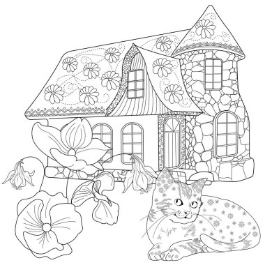 Sanat terapisi boyama sayfası. Şirin bir köy evi ve kediyle resim boyamak. Peri masalı çizimi. Boyama kitapları seni daha iyi hissettirecek. Renkli çizimler etkili bir sanat terapisi uygulamasıdır..