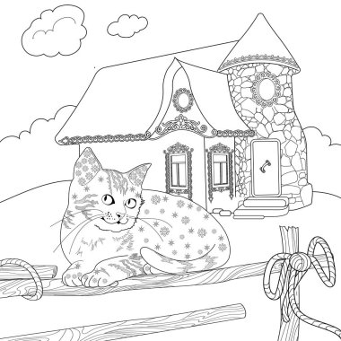 Sanat terapisi boyama sayfası. Şirin bir köy evi ve kediyle resim boyamak. Peri masalı çizimi. Boyama kitapları seni daha iyi hissettirecek. Renkli çizimler etkili bir sanat terapisi uygulamasıdır..