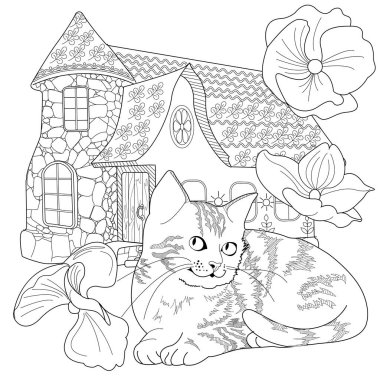 Sanat terapisi boyama sayfası. Şirin bir köy evi ve kediyle resim boyamak. Peri masalı çizimi. Boyama kitapları seni daha iyi hissettirecek. Renkli çizimler etkili bir sanat terapisi uygulamasıdır..