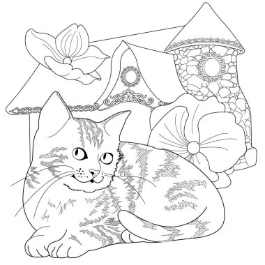 Sanat terapisi boyama sayfası. Şirin bir köy evi ve kediyle resim boyamak. Peri masalı çizimi. Boyama kitapları seni daha iyi hissettirecek. Renkli çizimler etkili bir sanat terapisi uygulamasıdır..