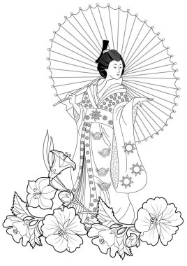 Boyama sayfaları. Çocuklar ve yetişkinler için boyama kitabı. Çiçekli Kimono Kız. Karalama ve zenkarga elementli anti-stres el yazması çizimi.