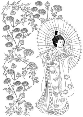 Boyama sayfaları. Çocuklar ve yetişkinler için boyama kitabı. Çiçekli Kimono Kız. Karalama ve zenkarga elementli anti-stres el yazması çizimi.