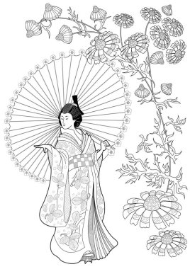 Boyama sayfaları. Çocuklar ve yetişkinler için boyama kitabı. Çiçekli Kimono Kız. Karalama ve zenkarga elementli anti-stres el yazması çizimi.