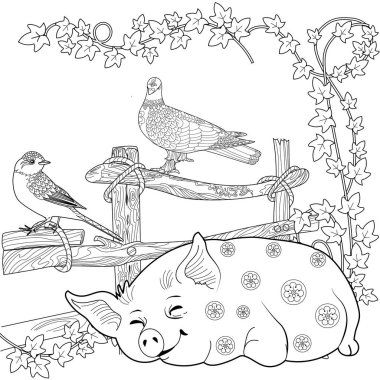 Sanat terapisi boyama sayfası. Çocuklar ve yetişkinler için boyama kitabı. Evcil hayvanlarla resim boyamak. Doğrusal oyma sanatı. Karalama ve zenkarga elementli anti-stres el yazması çizimi.