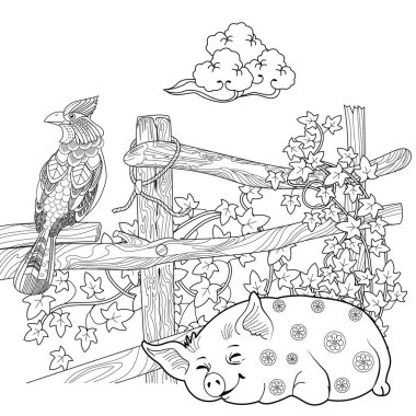 Sanat terapisi boyama sayfası. Çocuklar ve yetişkinler için boyama kitabı. Evcil hayvanlarla resim boyamak. Doğrusal oyma sanatı. Karalama ve zenkarga elementli anti-stres el yazması çizimi.