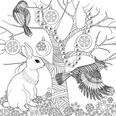 Renklendirme için stres önleyici çizim. Tavşanla resim boyama. Doğaya daha fazla bağlanmak isteyenler için idealdir. Tavşan _ ağaç _ 1