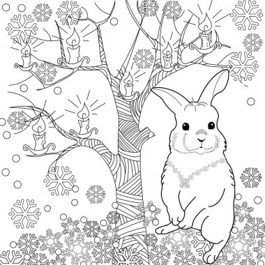 Renklendirme için stres önleyici çizim. Tavşanla resim boyama. Doğaya daha fazla bağlanmak isteyenler için idealdir. Tavşan _ ağaç _ 1