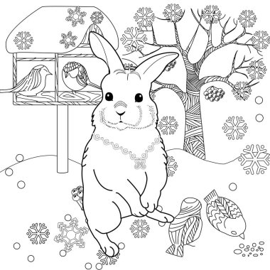 Antistress drawing for coloring. Colouring pictures with Rabbit.  Ideal for those who want to feel more connected to nature.rabit_tree_1 clipart