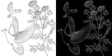 Sanat terapisi boyama sayfası. Çocuklar ve yetişkinler için boyama kitabı antistresi. Kuşlar ve çiçekler klasik tarzda çizilmiş. Doğaya daha bağlı hissetmek isteyenler için ideal..