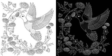 Sanat terapisi boyama sayfası. Çocuklar ve yetişkinler için boyama kitabı antistresi. Kuşlar ve çiçekler klasik tarzda çizilmiş. Doğaya daha bağlı hissetmek isteyenler için ideal..