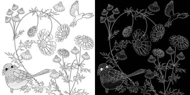 Sanat terapisi boyama sayfası. Çocuklar ve yetişkinler için boyama kitabı antistresi. Kuşlar ve çiçekler klasik tarzda çizilmiş. Doğaya daha bağlı hissetmek isteyenler için ideal..