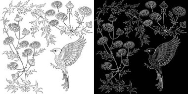Sanat terapisi boyama sayfası. Çocuklar ve yetişkinler için boyama kitabı antistresi. Kuşlar ve çiçekler klasik tarzda çizilmiş. Doğaya daha bağlı hissetmek isteyenler için ideal..