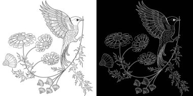 Sanat terapisi boyama sayfası. Çocuklar ve yetişkinler için boyama kitabı antistresi. Kuşlar ve çiçekler klasik tarzda çizilmiş. Doğaya daha bağlı hissetmek isteyenler için ideal..