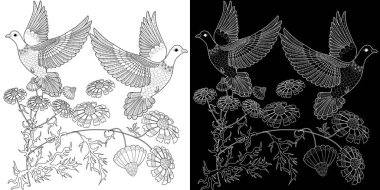 Sanat terapisi boyama sayfası. Çocuklar ve yetişkinler için boyama kitabı antistresi. Kuşlar ve çiçekler klasik tarzda çizilmiş. Doğaya daha bağlı hissetmek isteyenler için ideal..