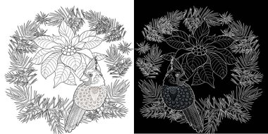 Sanat terapisi boyama sayfası. Noelde noel çiçekleri, köknar dalları, çoban püskülü ve böğürtlen. Çocuklar ve yetişkinler için boyama kitabı antistresi.