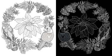 Sanat terapisi boyama sayfası. Noelde noel çiçekleri, köknar dalları, çoban püskülü ve böğürtlen. Çocuklar ve yetişkinler için boyama kitabı antistresi.