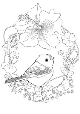 Sanat terapisi boyama sayfası. Çocuklar ve yetişkinler için boyama kitabı antistresi. Kuşlar ve çiçekler klasik tarzda çizilmiş. Doğaya daha bağlı hissetmek isteyenler için ideal..