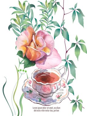 Günaydın tebrik kartı, çiçekler ve bir fincan kahve. Suluboya tarzında vektör illüstrasyonu. Kart, kapak arkaplan veya web iletisi olarak kullanılabilir.