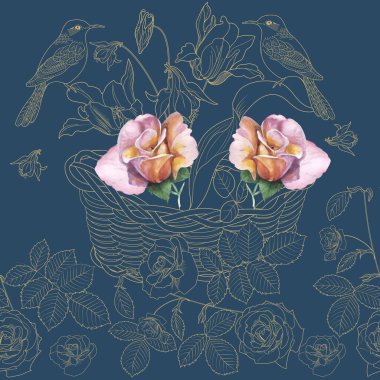 Kusursuz desenler. Güller ve kuşlar. Tekstil arka planı. Vektör grafikleri.