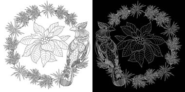 Sanat terapisi boyama sayfası. Kırmızı kuşlu Noel buketi, noktalı yıldız, köknar dalları, çoban püskülü ve böğürtlen. Çocuklar ve yetişkinler için boyama kitabı antistresi.