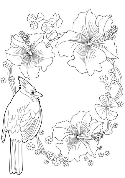 Art therapy coloring page. Coloring book antistress for children and adults. Birds and flowers hand drawn in vintage style . Ideal for those who want to feel more connected to nature.