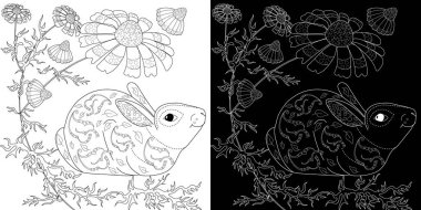 Antistress drawing for coloring. Colouring pictures with Rabbit and Flowers.  Ideal for those who want to feel more connected to nature. clipart