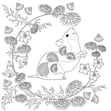 Antistress drawing for coloring. Colouring pictures with Hamster and Flowers.  Ideal for those who want to feel more connected to nature. clipart