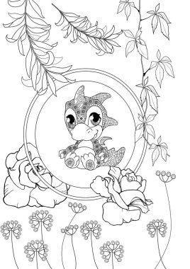 Boyama resimleri. Şirin ejderha. Stres önleyici el çizimi. Resimler duvar kağıdı, etiket, el işi ve diğer projeler için mükemmel..