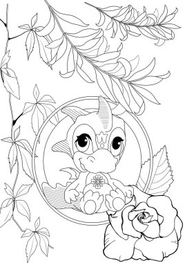 Boyama resimleri. Şirin ejderha. Stres önleyici el çizimi. Resimler duvar kağıdı, etiket, el işi ve diğer projeler için mükemmel..