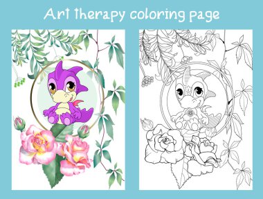 Coloring pictures. Cute dragon. Anti-stress hand drawing. The pictures are perfect for creating wallpaper, labels, crafts and other projects. clipart