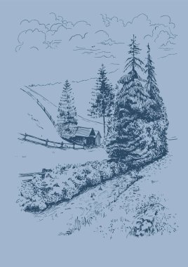 Kırsal manzara manzarası kırsal alan ve çiftlik manzarası. Vektör çizimi çizimi