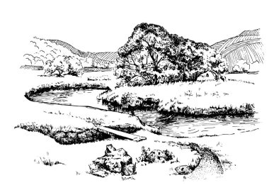 Nehirli kırsal manzara manzarası. Kalem çizimi vektör çizimine çevrildi