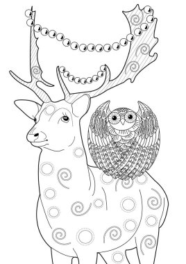 Illustrations with one line for coloring. Coloring page with Santa Claus's reindeer. The contour drawing can be easily colored with colored pencils and create a bright postcard. clipart