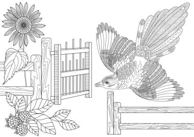 Art therapy coloring page. Coloring book antistress for children and adults. Birds and flowers hand drawn in vintage style . Ideal for those who want to feel more connected to nature. clipart