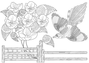 Art therapy coloring page. Coloring book antistress for children and adults. Birds and flowers hand drawn in vintage style . Ideal for those who want to feel more connected to nature. clipart