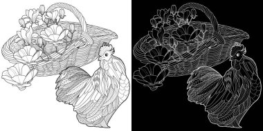 Sanat terapisi boyama sayfası. Çocuklar ve yetişkinler için boyama kitabı antistresi. Horoz ve Çiçek Papatyaları klasik tarzda çizilmiş. Doğaya daha bağlı hissetmek isteyenler için ideal..