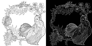 Sanat terapisi boyama sayfası. Çocuklar ve yetişkinler için boyama kitabı antistresi. Horoz ve Çiçek Papatyaları klasik tarzda çizilmiş. Doğaya daha bağlı hissetmek isteyenler için ideal..