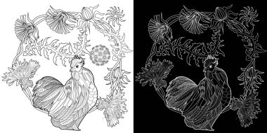 Sanat terapisi boyama sayfası. Çocuklar ve yetişkinler için boyama kitabı antistresi. Horoz ve Çiçek Papatyaları klasik tarzda çizilmiş. Doğaya daha bağlı hissetmek isteyenler için ideal..