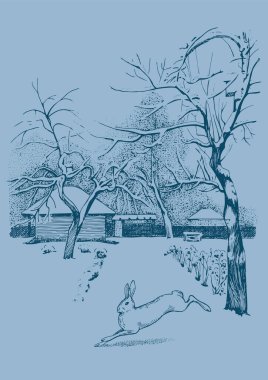 Kış manzarası. Kırsal manzara manzarası. Çizim vektör çizimine çevrildi.