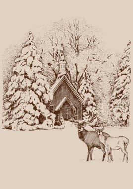 Kış manzarası. Kırsal manzara manzarası. Çizim vektör çizimine çevrildi.